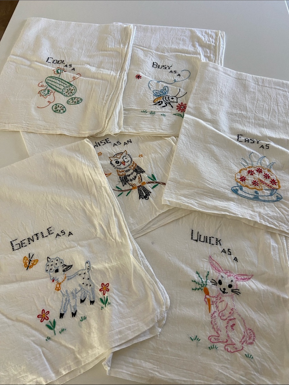 Vintage Hand Embroidered Flour Sack Kitchen Towels Set of 6